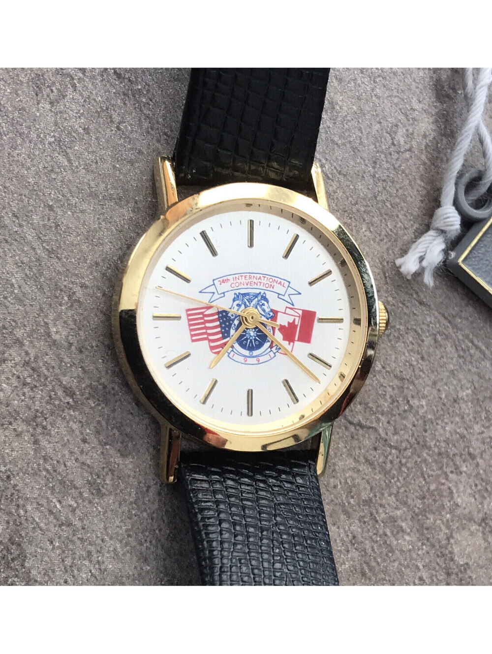 Vintage Womens Helbros Watch Gold Tone Case With Black Leather Band BI
